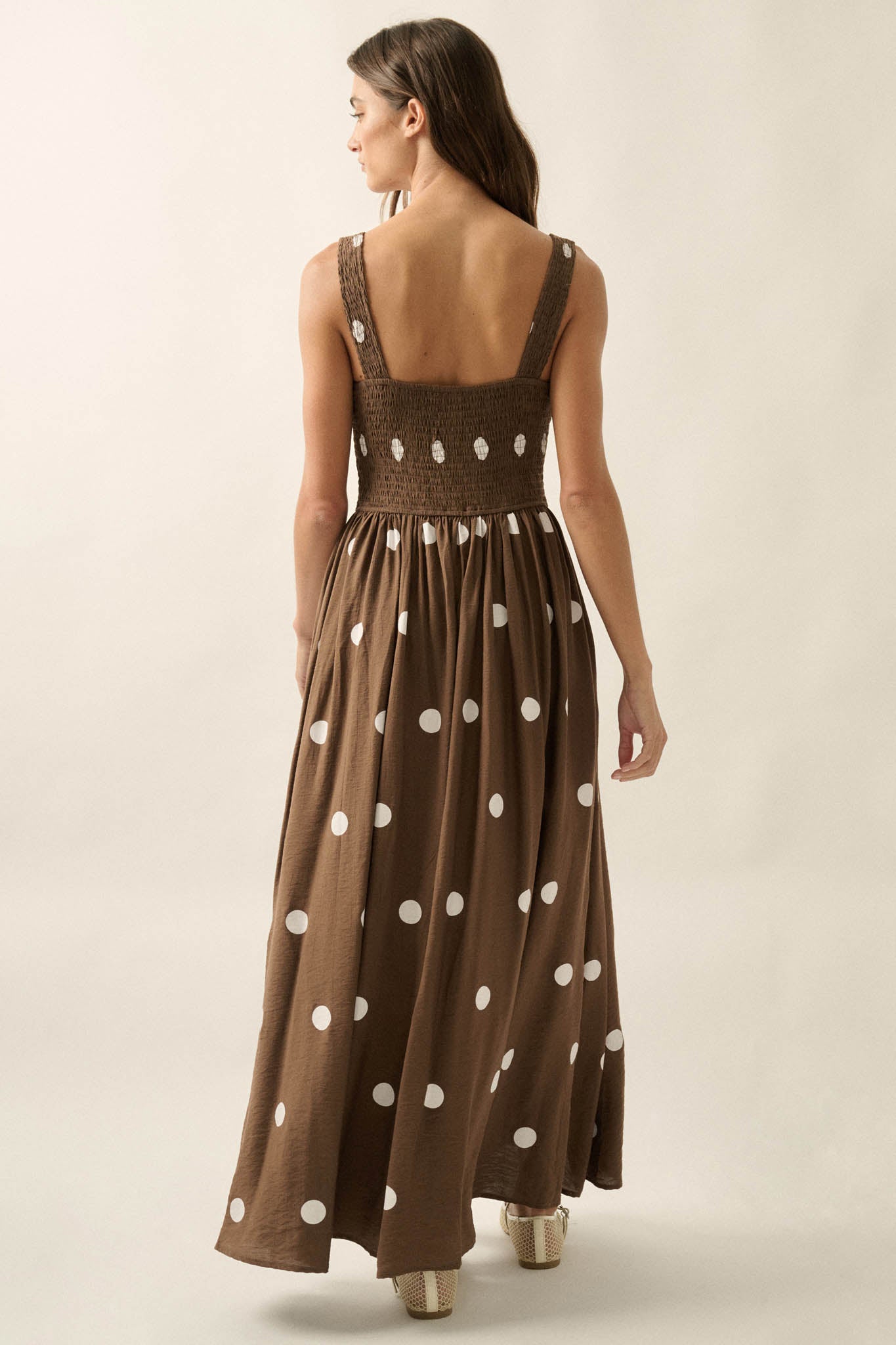 Soft Spot Polka Dot Smocked Square-Neck Maxi Dress - ShopPromesa