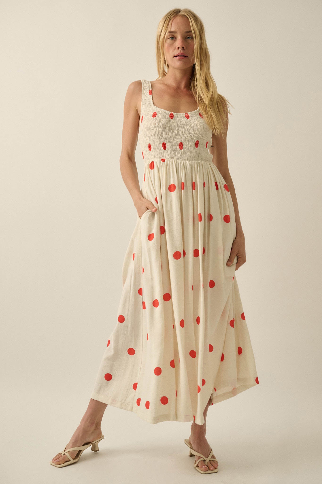 Soft Spot Polka Dot Smocked Square-Neck Maxi Dress - ShopPromesa