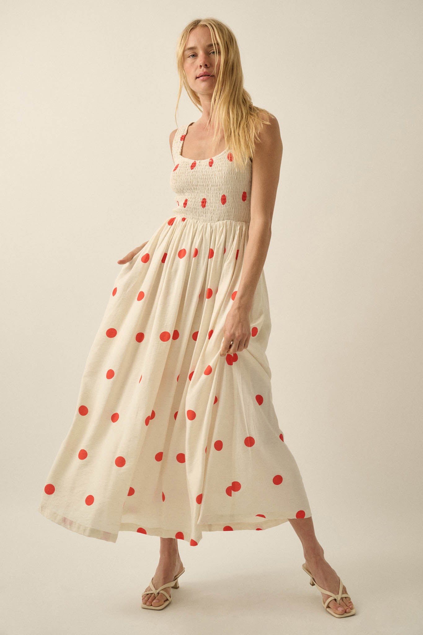 Soft Spot Polka Dot Smocked Square-Neck Maxi Dress - ShopPromesa