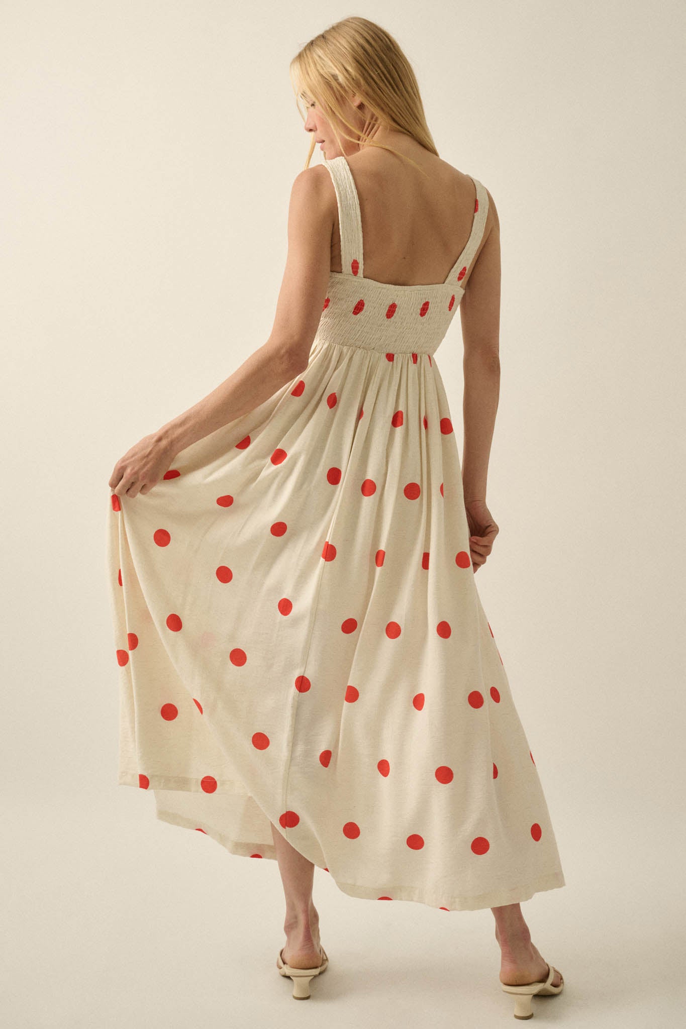 Soft Spot Polka Dot Smocked Square-Neck Maxi Dress - ShopPromesa
