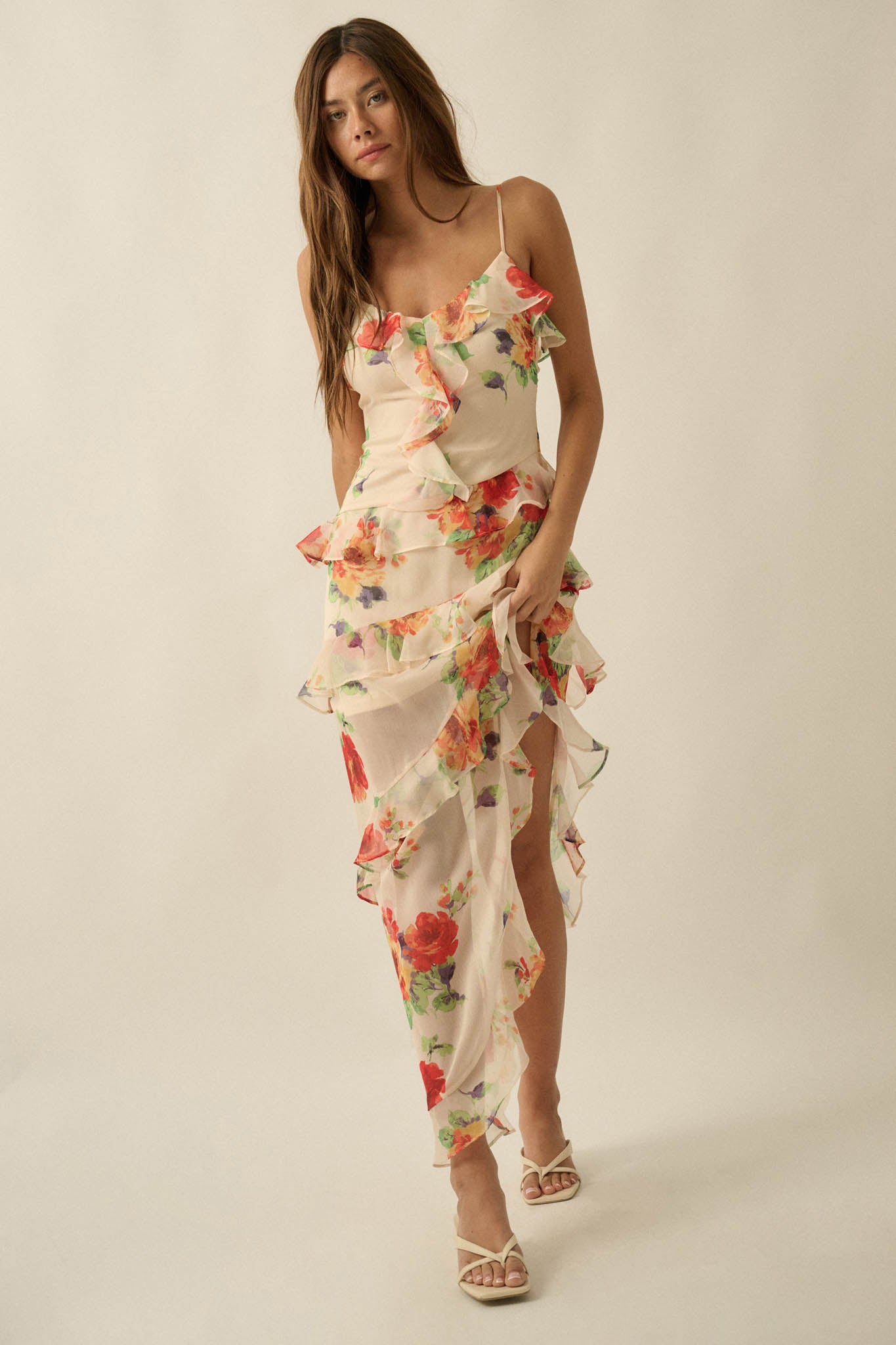 Pure Enchantment Floral Chiffon Ruffle Maxi Dress - ShopPromesa