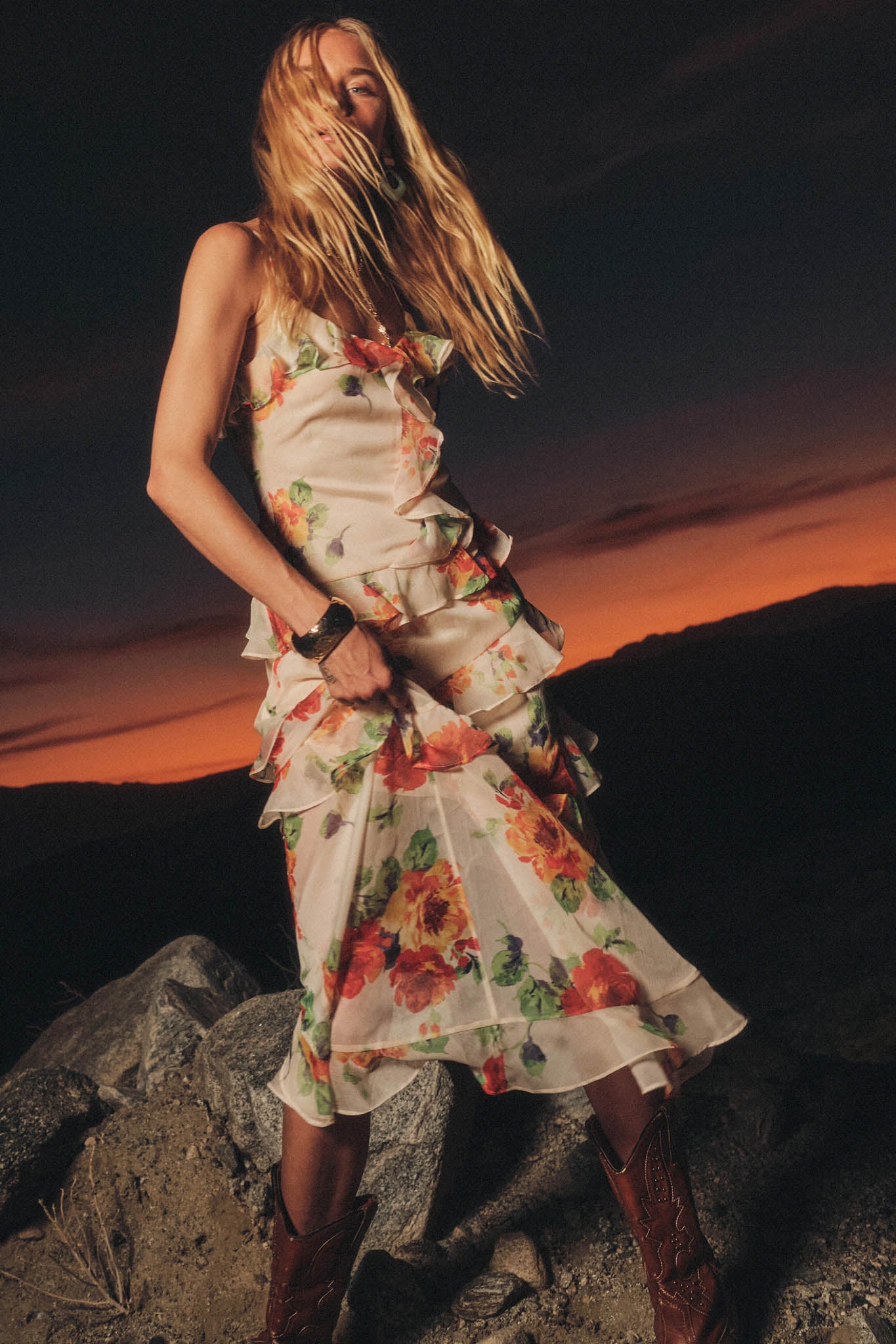 Pure Enchantment Floral Chiffon Ruffle Maxi Dress Cream / M