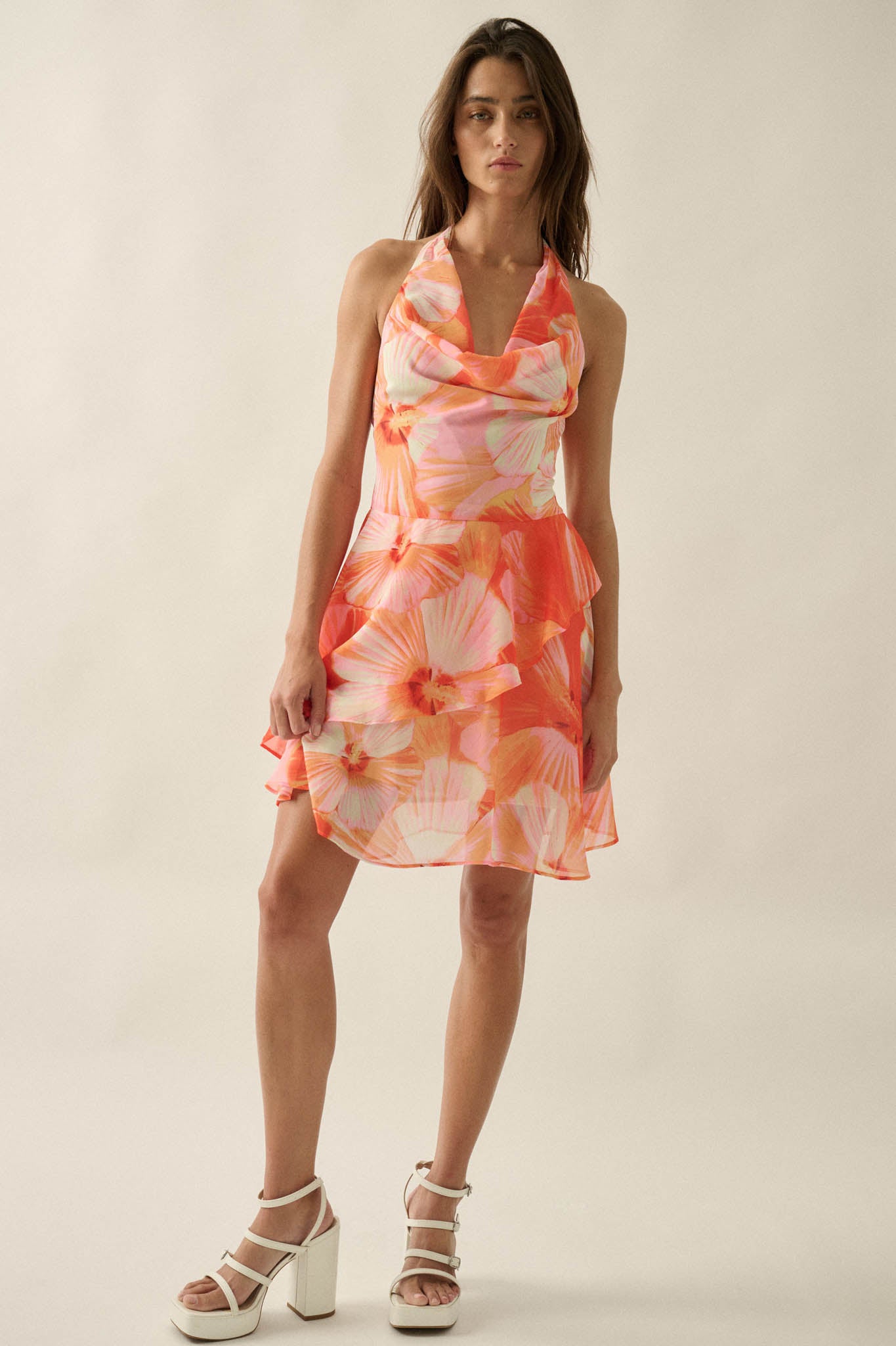 Floral Shores Floral Chiffon Cowl-Neck Mini Dress - ShopPromesa