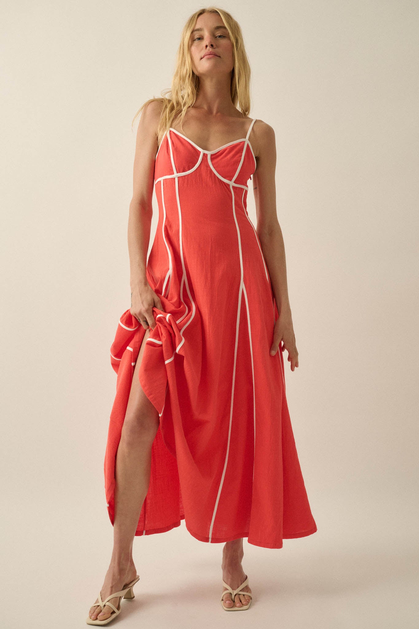 Just Breathe Cotton Piping-Trim Godet Maxi Dress - ShopPromesa