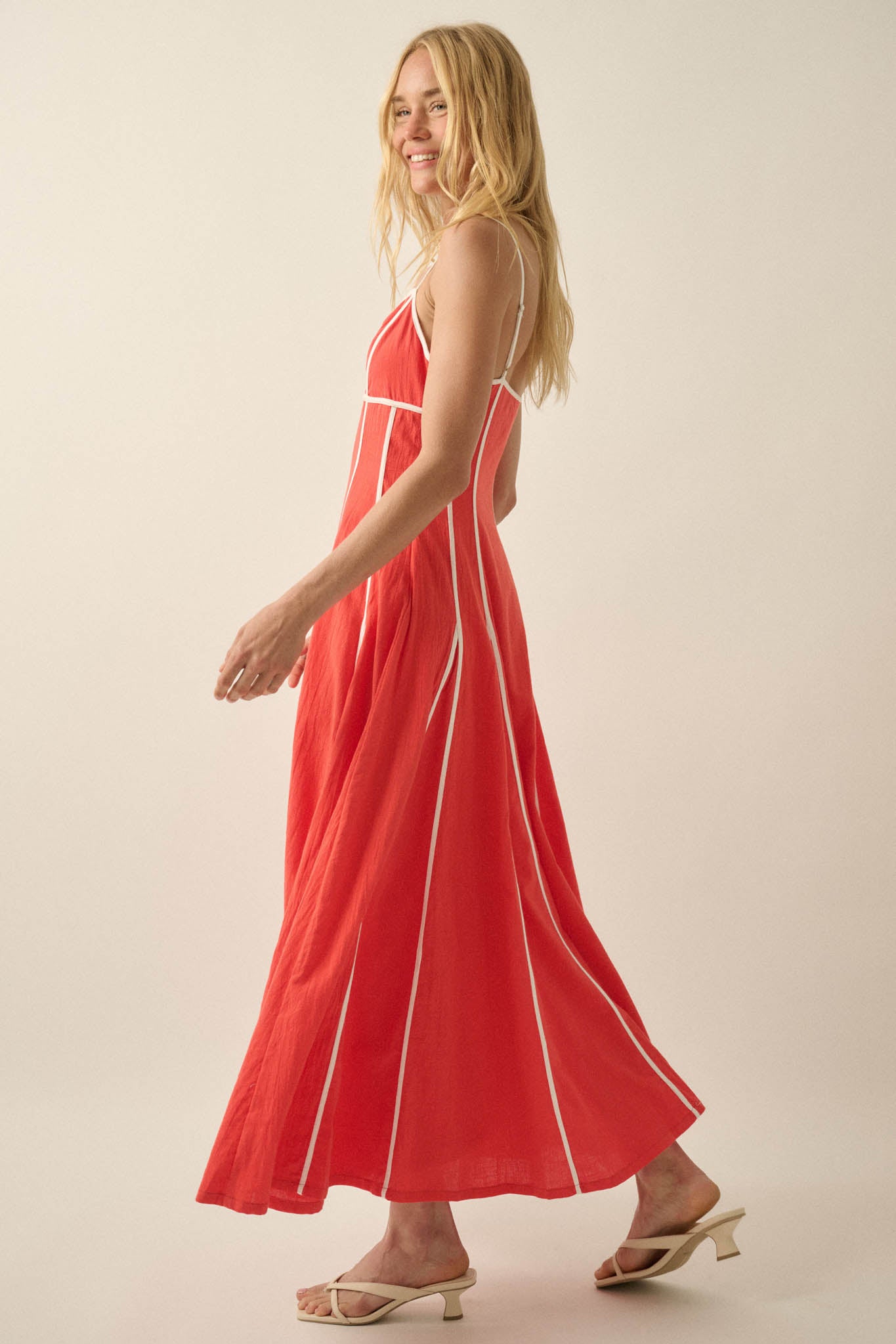 Just Breathe Cotton Piping-Trim Godet Maxi Dress - ShopPromesa