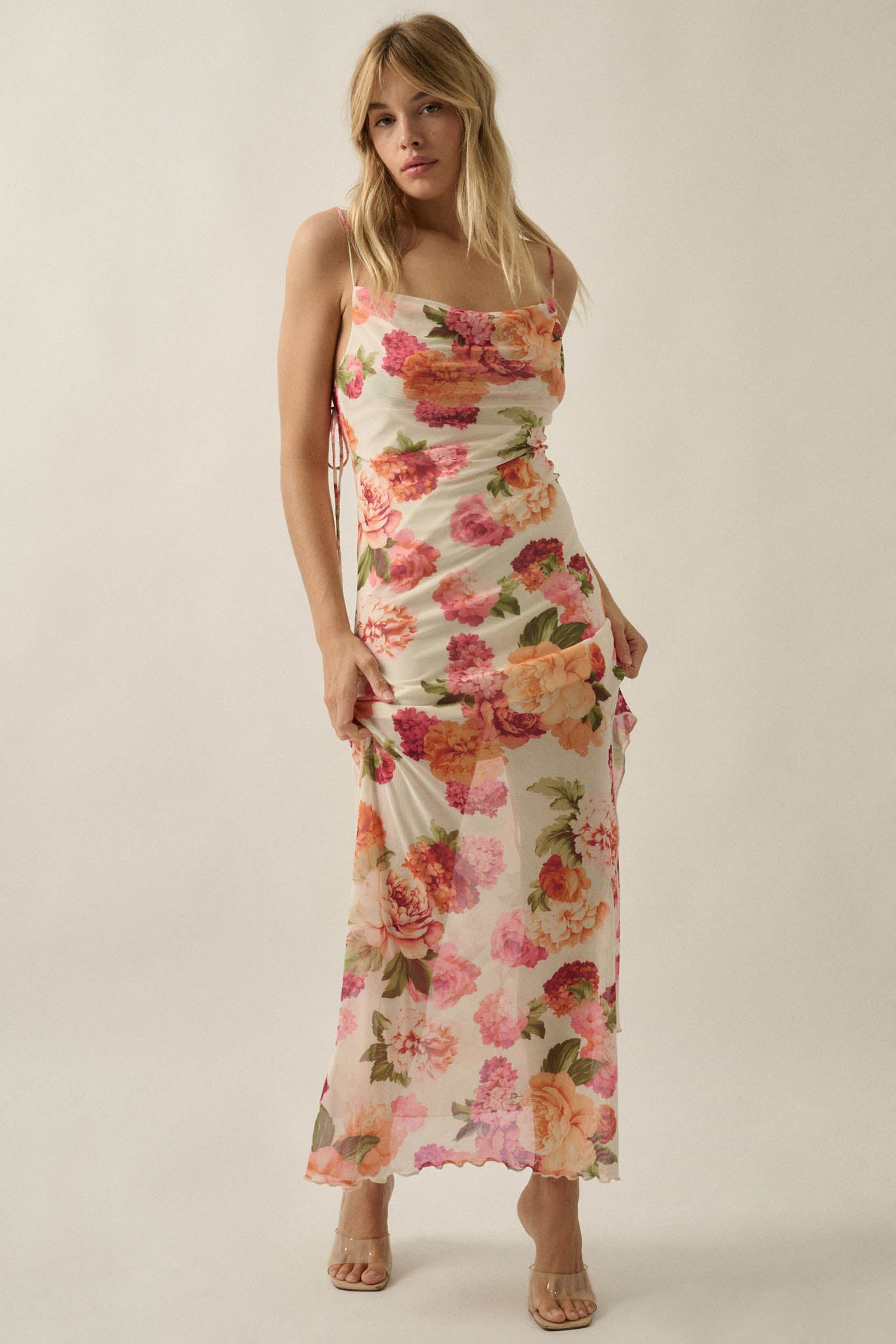 Heirloom Garden Floral Mesh Cowl-Neck Maxi Dress - ShopPromesa
