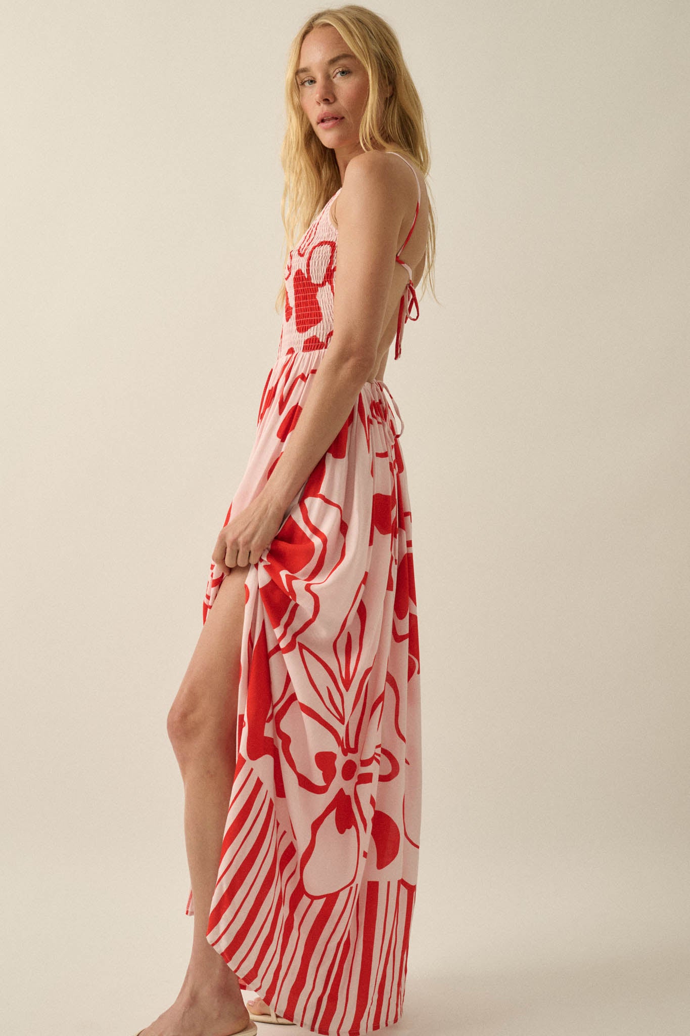 Tropical Beauty Abstract-Floral Smocked Maxi Dress - ShopPromesa