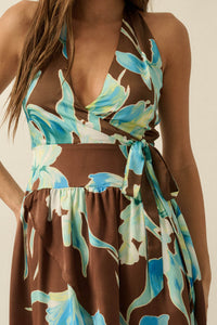 Blue Iris Floral Satin Halter Wrap Maxi Dress - ShopPromesa