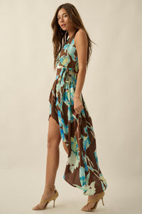 Blue Iris Floral Satin Halter Wrap Maxi Dress - ShopPromesa