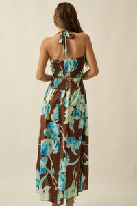 Blue Iris Floral Satin Halter Wrap Maxi Dress - ShopPromesa