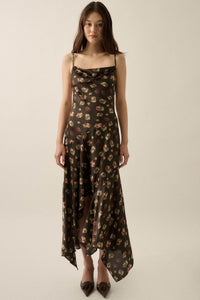 Drifting Blossoms Floral Satin Open-Back Maxi Dress - ShopPromesa