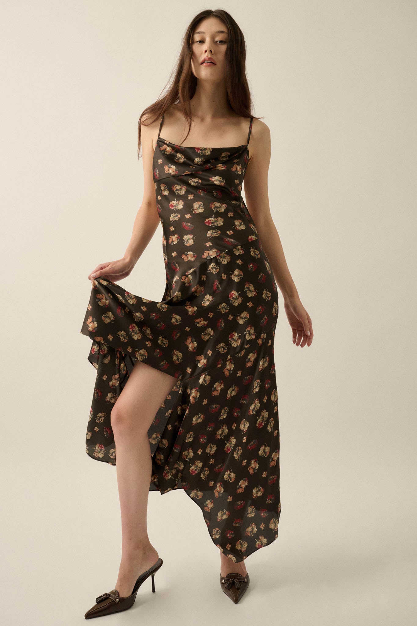 Drifting Blossoms Floral Satin Open-Back Maxi Dress - ShopPromesa