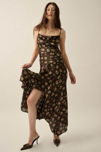 Drifting Blossoms Floral Satin Open-Back Maxi Dress - ShopPromesa