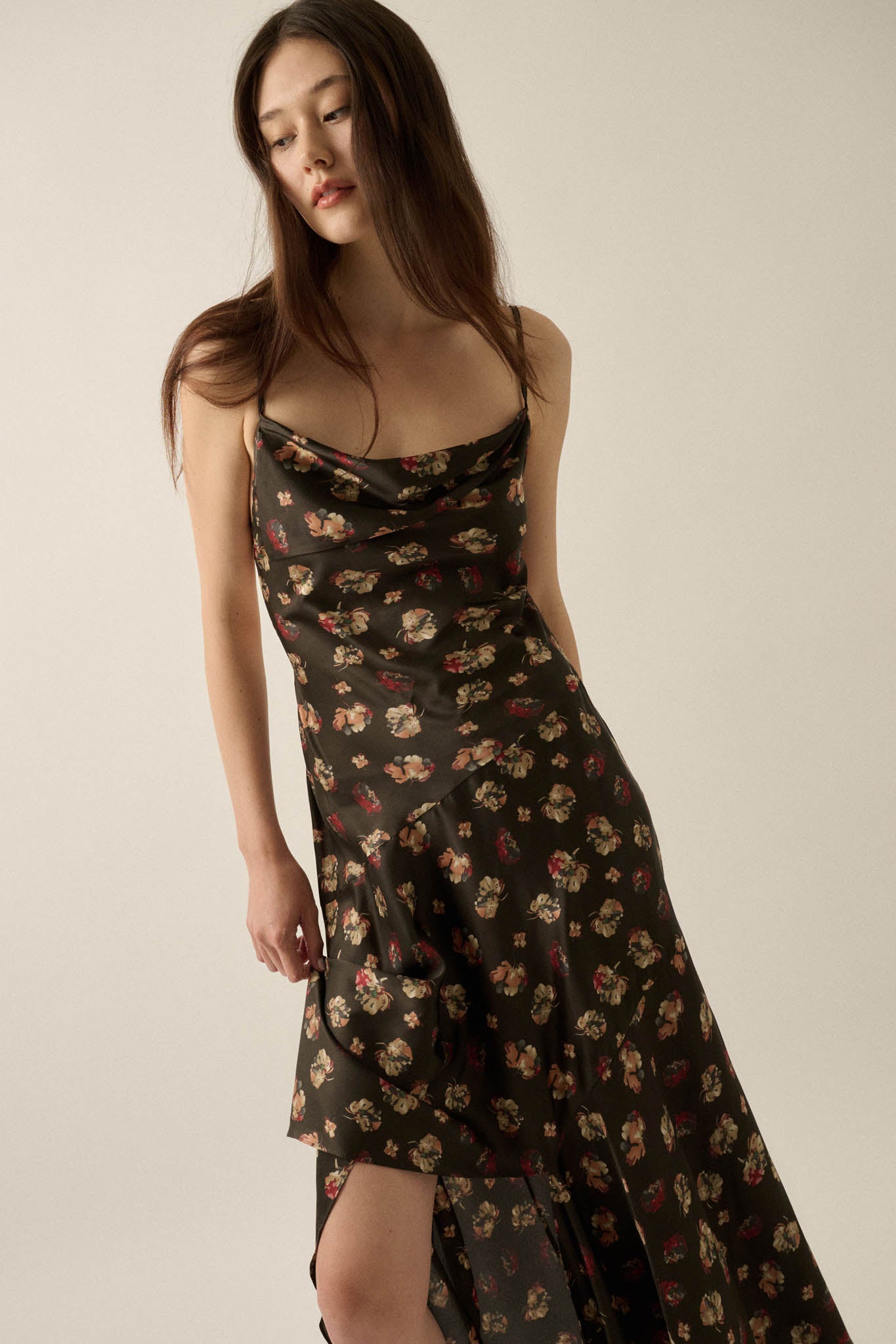 Drifting Blossoms Floral Satin Open-Back Maxi Dress - ShopPromesa