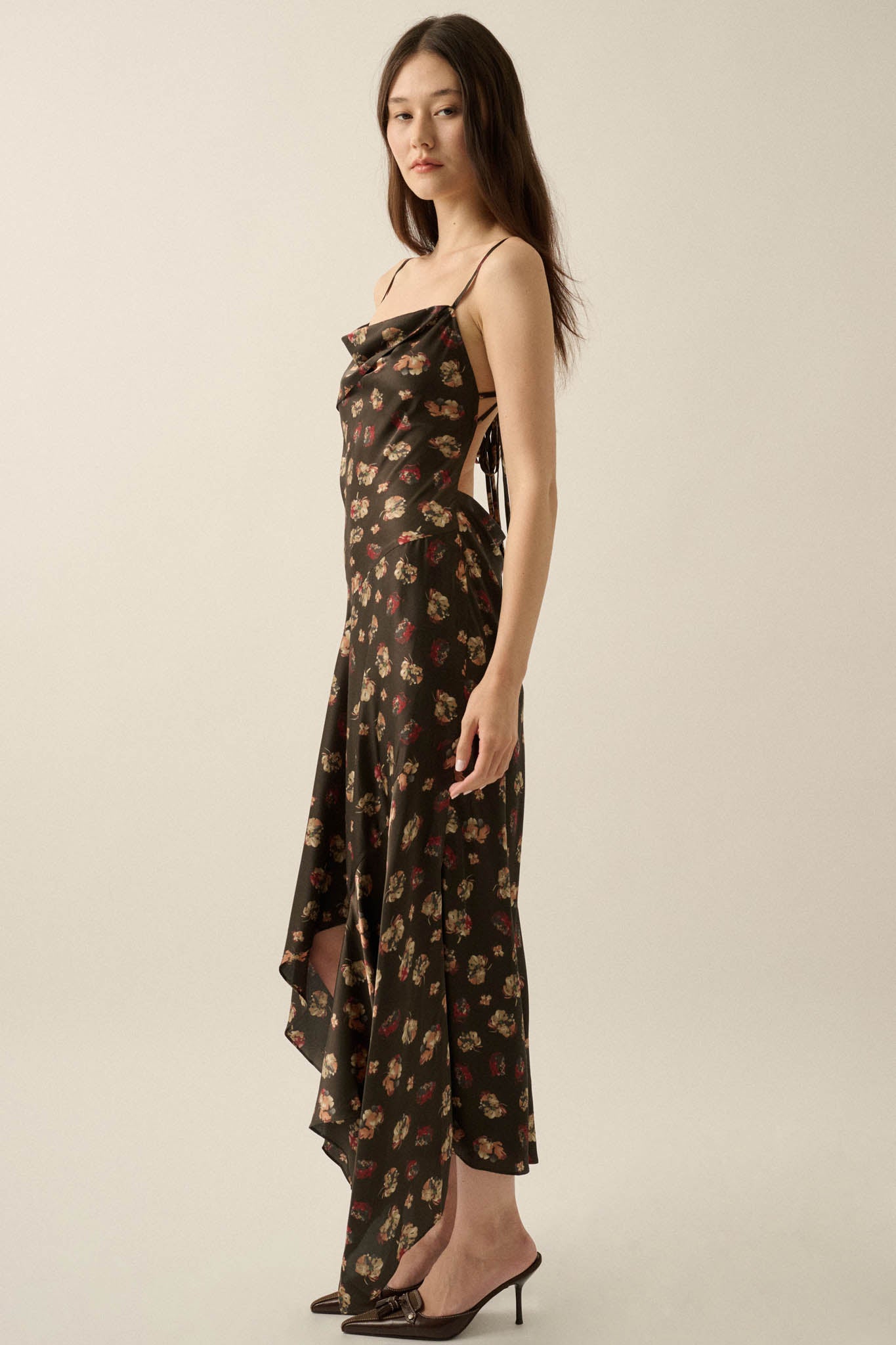 Drifting Blossoms Floral Satin Open-Back Maxi Dress - ShopPromesa