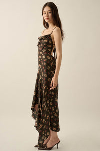 Drifting Blossoms Floral Satin Open-Back Maxi Dress - ShopPromesa