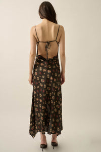 Drifting Blossoms Floral Satin Open-Back Maxi Dress - ShopPromesa
