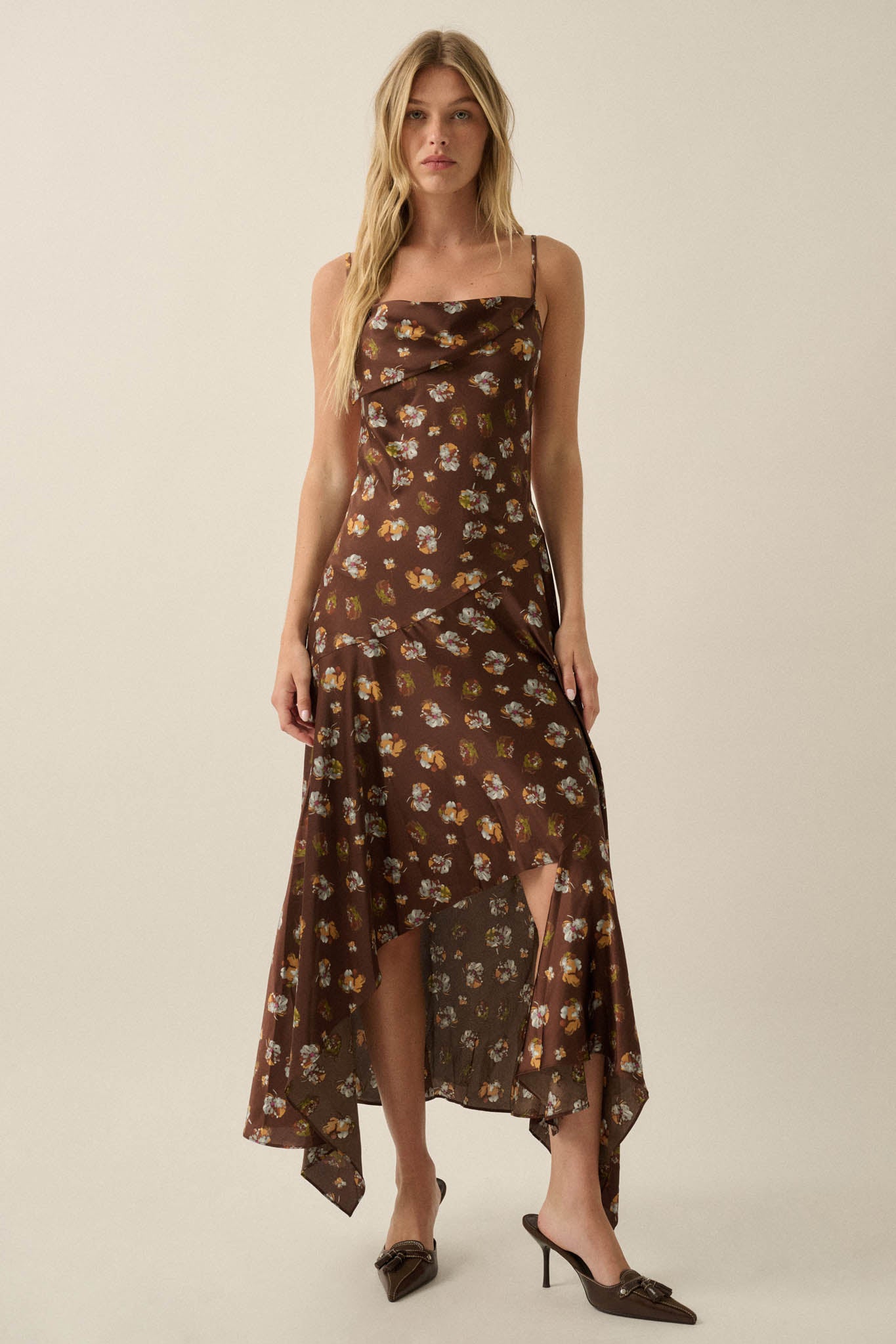 Drifting Blossoms Floral Satin Open-Back Maxi Dress - ShopPromesa