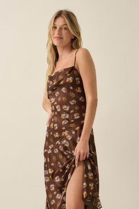 Drifting Blossoms Floral Satin Open-Back Maxi Dress - ShopPromesa