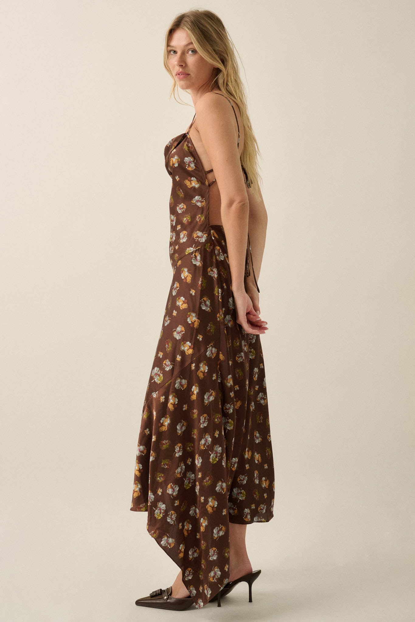 Drifting Blossoms Floral Satin Open-Back Maxi Dress - ShopPromesa