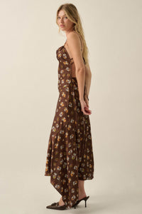Drifting Blossoms Floral Satin Open-Back Maxi Dress - ShopPromesa