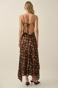 Drifting Blossoms Floral Satin Open-Back Maxi Dress - ShopPromesa