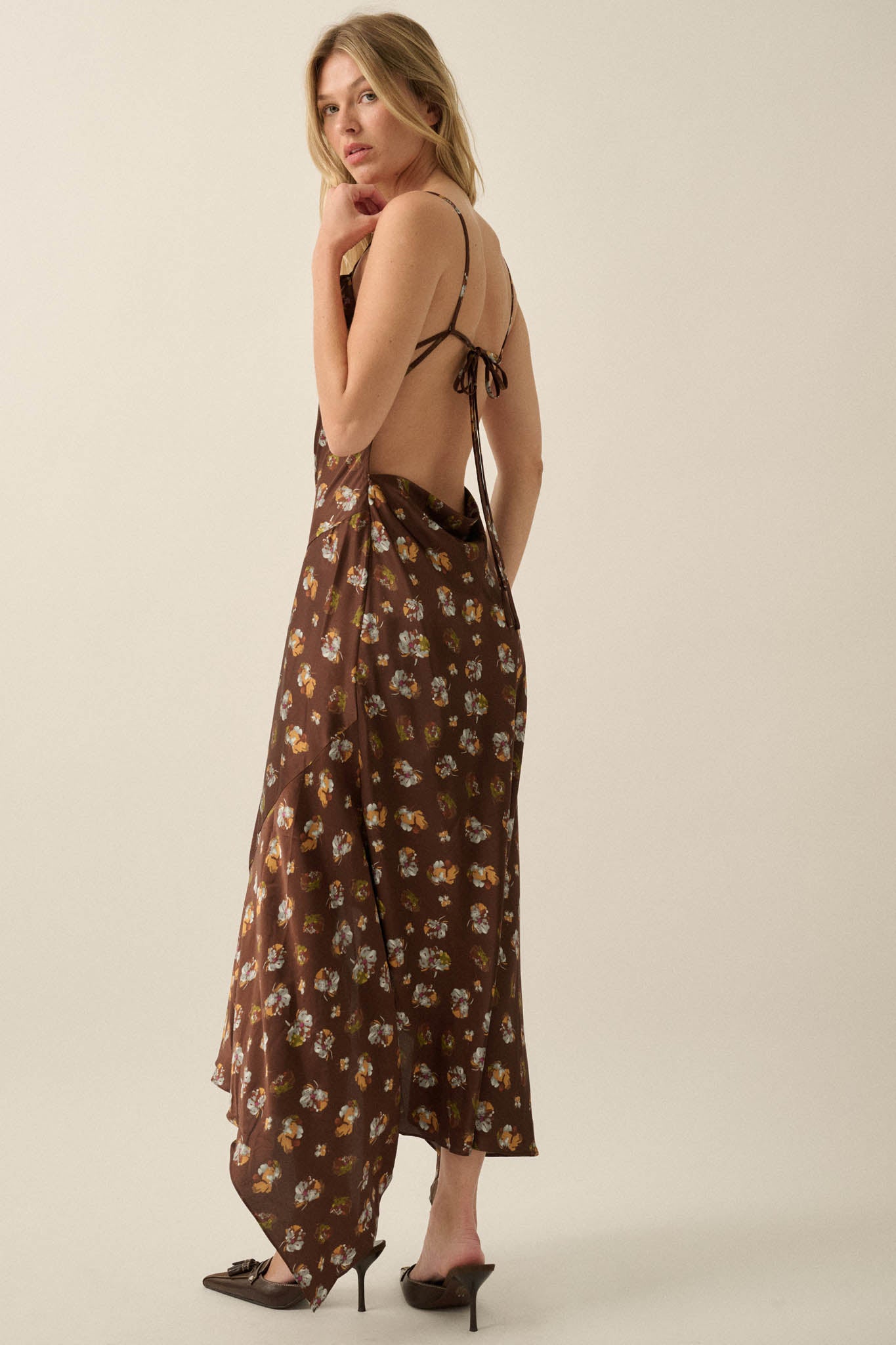 Drifting Blossoms Floral Satin Open-Back Maxi Dress