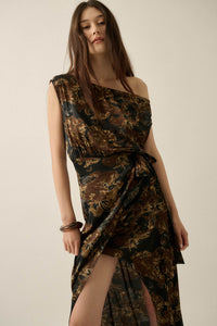 Gilded Age Abstract Satin One-Shoulder Maxi Dress - ShopPromesa