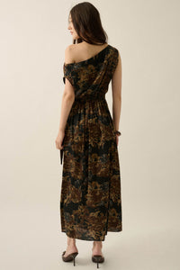 Gilded Age Abstract Satin One-Shoulder Maxi Dress - ShopPromesa