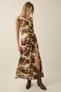Gilded Age Abstract Satin One-Shoulder Maxi Dress - ShopPromesa