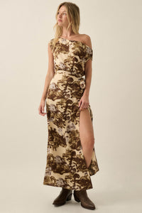 Gilded Age Abstract Satin One-Shoulder Maxi Dress - ShopPromesa