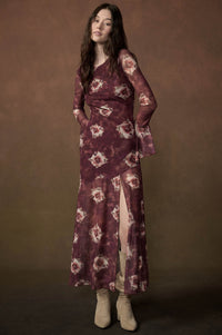 Bordeaux Beauty Floral Mesh Bell-Sleeve Maxi Dress - ShopPromesa