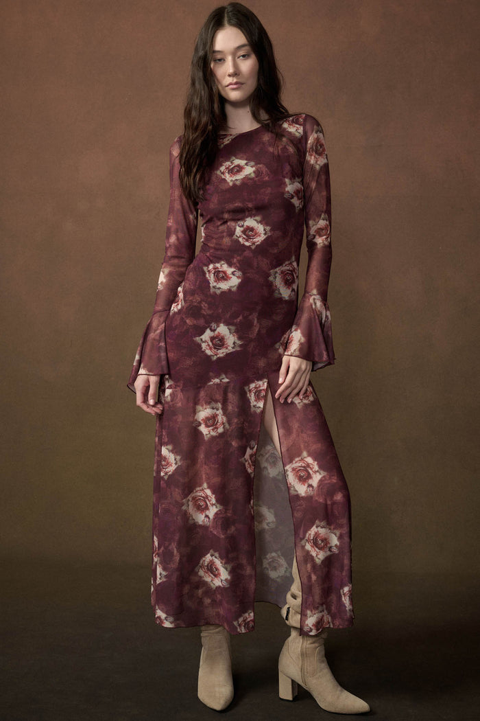 Bordeaux Beauty Floral Mesh Bell-Sleeve Maxi Dress - ShopPromesa