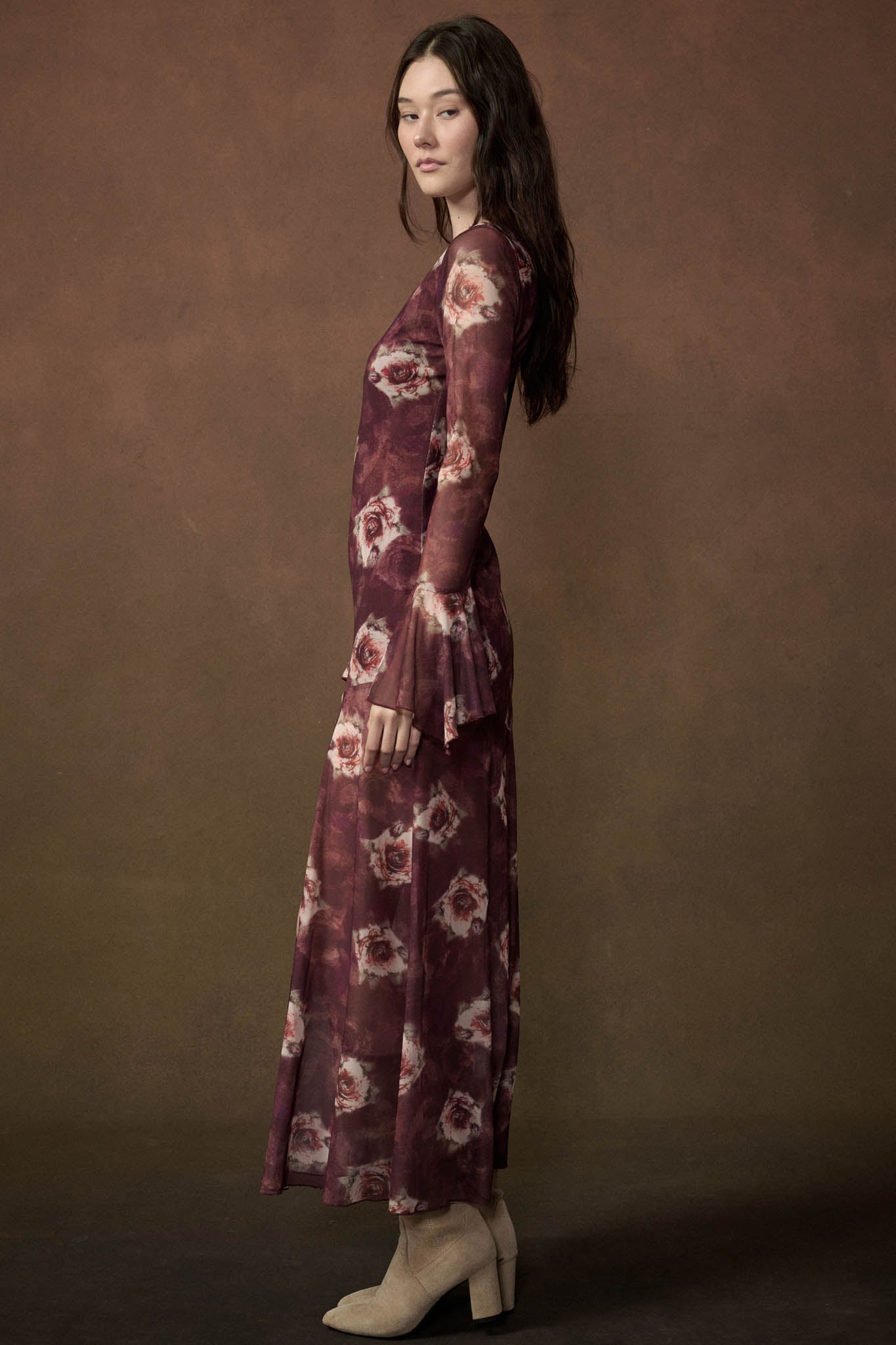 Bordeaux Beauty Floral Mesh Bell-Sleeve Maxi Dress - ShopPromesa
