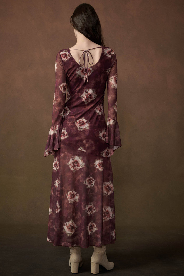 Bordeaux Beauty Floral Mesh Bell-Sleeve Maxi Dress - ShopPromesa