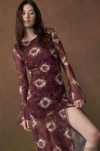 Bordeaux Beauty Floral Mesh Bell-Sleeve Maxi Dress - ShopPromesa