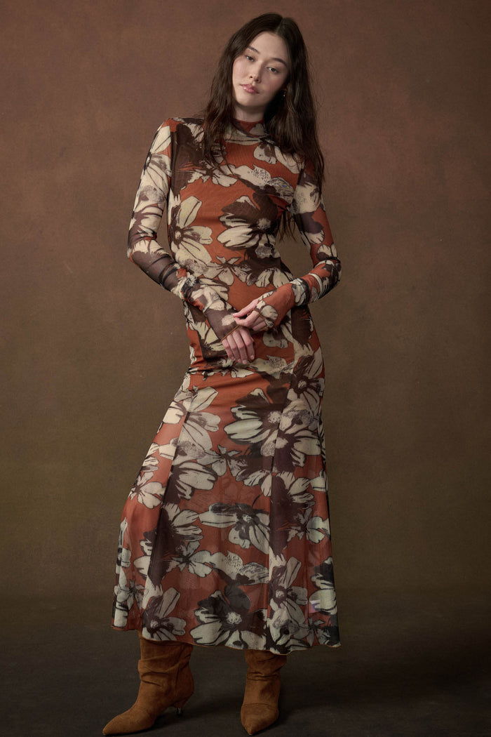 Cinnamon Flowers Floral Mesh Thumbhole Maxi Dress - ShopPromesa