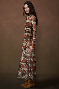 Cinnamon Flowers Floral Mesh Thumbhole Maxi Dress - ShopPromesa