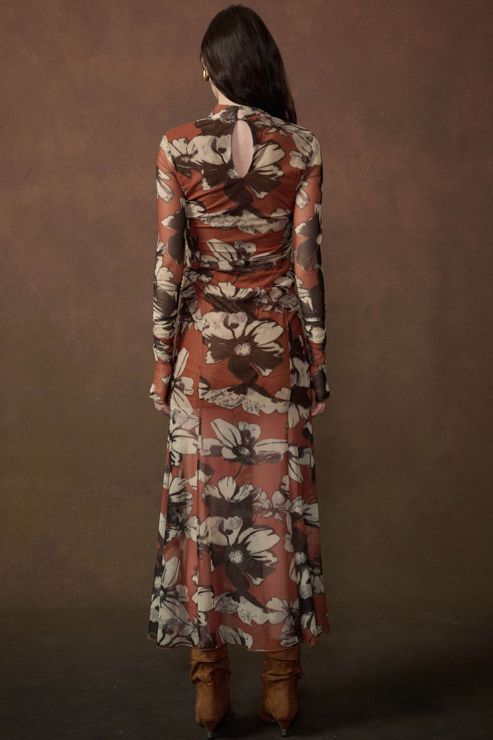 Cinnamon Flowers Floral Mesh Thumbhole Maxi Dress - ShopPromesa
