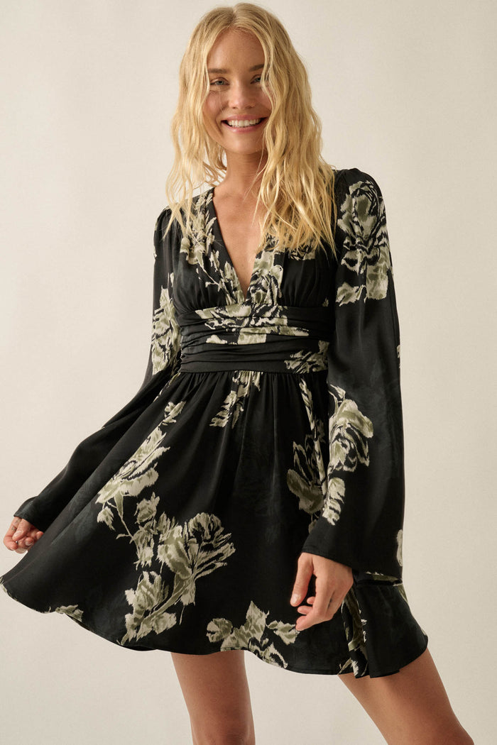 Rose Shadow Floral Satin Bell-Sleeve Mini Dress - ShopPromesa