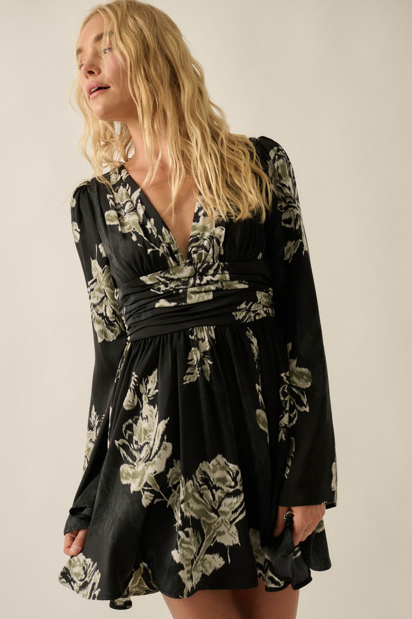 Rose Shadow Floral Satin Bell-Sleeve Mini Dress - ShopPromesa