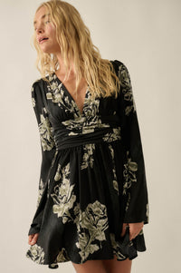Rose Shadow Floral Satin Bell-Sleeve Mini Dress - ShopPromesa