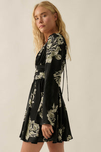 Rose Shadow Floral Satin Bell-Sleeve Mini Dress - ShopPromesa