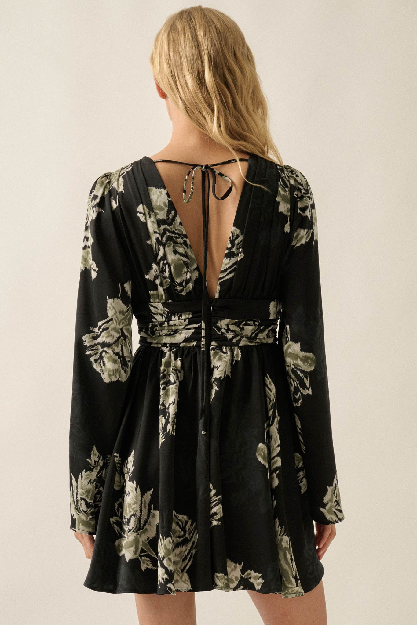 Rose Shadow Floral Satin Bell-Sleeve Mini Dress - ShopPromesa