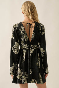 Rose Shadow Floral Satin Bell-Sleeve Mini Dress - ShopPromesa