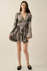 Rose Shadow Floral Satin Bell-Sleeve Mini Dress - ShopPromesa