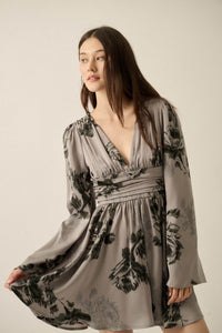 Rose Shadow Floral Satin Bell-Sleeve Mini Dress - ShopPromesa