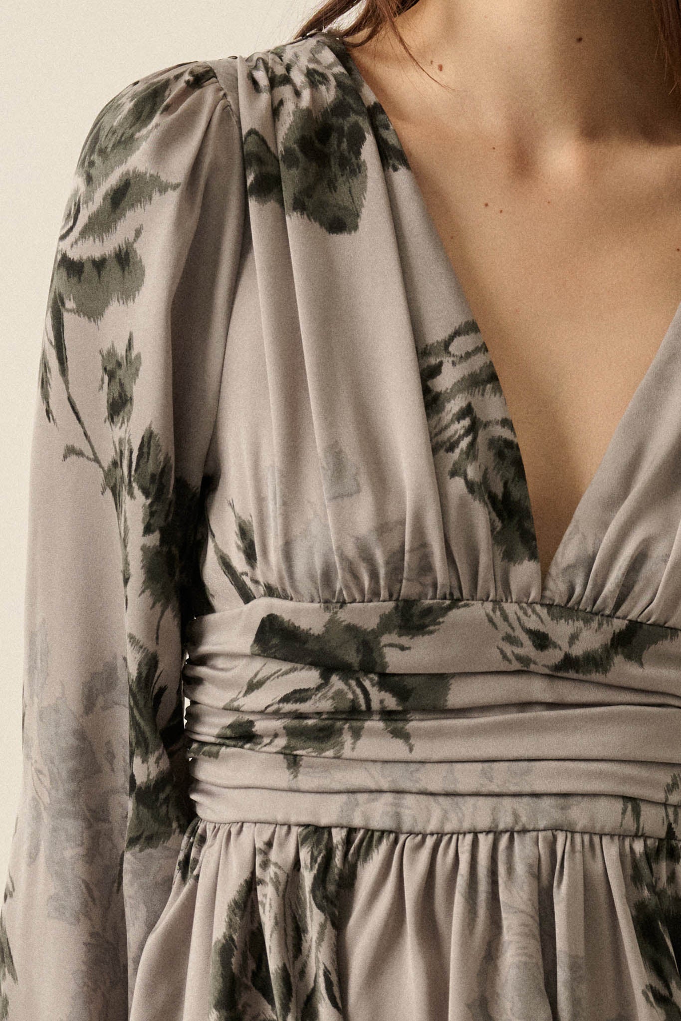 Rose Shadow Floral Satin Bell-Sleeve Mini Dress - ShopPromesa