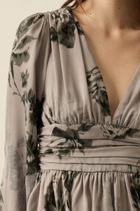 Rose Shadow Floral Satin Bell-Sleeve Mini Dress - ShopPromesa