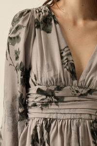 Rose Shadow Floral Satin Bell-Sleeve Mini Dress - ShopPromesa